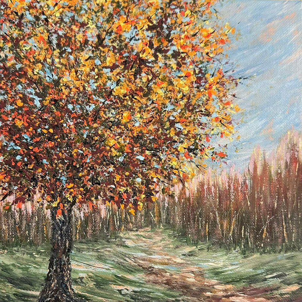 Fall Nature Theme Acrylic Painting Titled "Autumn Leaves" - 8" x 8" Original Art